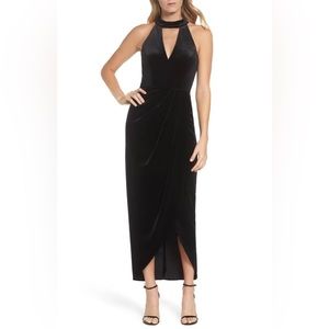 XSCAPE Velvet Choker Neck Wrap Dress in Black